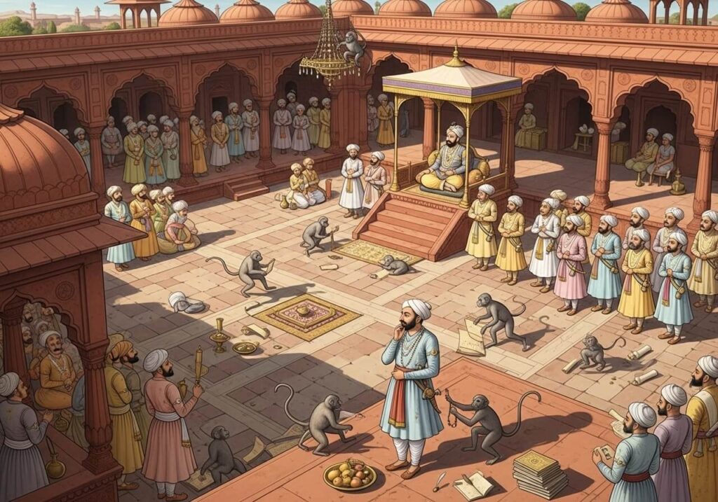 Historical illustration showing Akbar's Court with Tulsidas and monkeys creating chaos in the palace